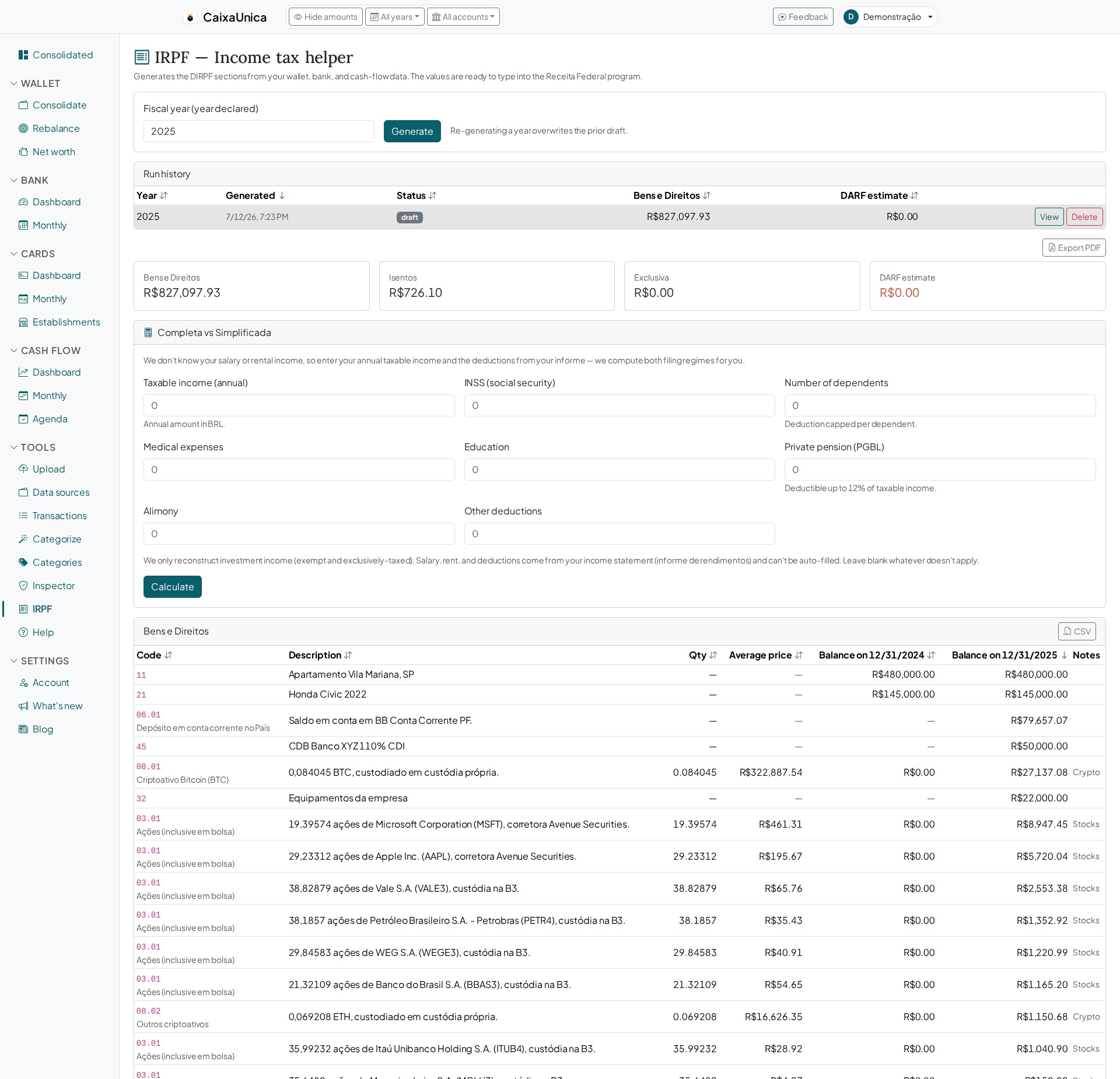 IRPF report with Assets and Rights assembled and the tax authority's code for each asset